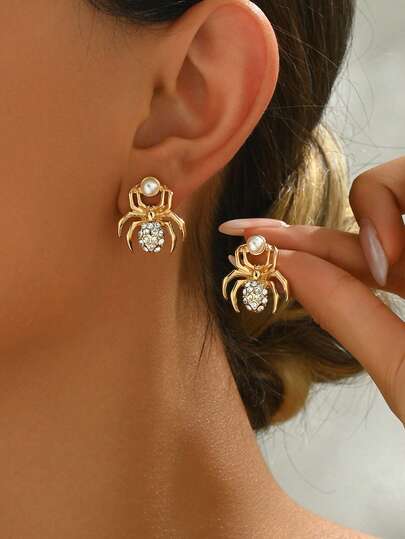 زوج أنيق من أقراط الأزياء الفاخرة المزينة بالكريستال والخرز الاصطناعي على شكل عنكبوت للنساء، مجوهرات أنيقة مناسبة للاستخدام اليومي، العطلات، المواعيد، حفلات الهالوين، هدية