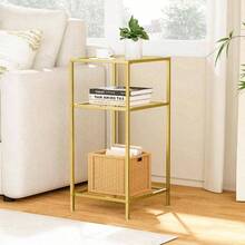 3 - Tier Side Tables Set Of 2, End Tables With Tempered Glass, Nightstands With Storage Shelves, Slim Sofa Tables Living Room, Bedroom 2, Golden - Vàng - Xem 10