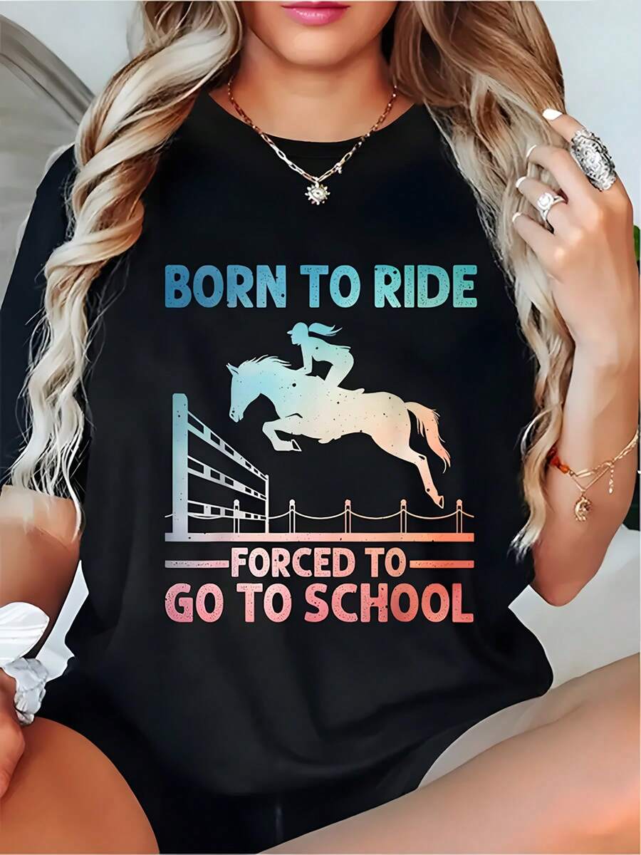 Women's Born To Ride Horse Riding T-Shirt - Anime Balance Casual Short Sleeve Top, Spring Summer Crew Neck Tee With Horseback Riding - màu đen - Xem 1