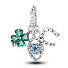Lucky Four-Leaf Clover Blue-Eyed Horseshoe Charms Pendant Fit Original Bracelet Necklace Women 925 Sterling Silver Fine DIY Beads Jewelry Birthday Gift Valentines