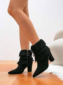 1 Pair Solid Color Fashion Fringe High Heel Ankle Boots, Pointed Toe Chunky Heel Stylish Women's Booties For Outdoor Wear, Autumn/Winter - Black - View 3
