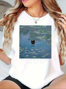 Claude Monet Water Lilies Cat Art Print Women's T-Shirt For Art Lovers And Nature Enthusiasts, Perfect Gift For Artists And Home Decor Fans, 220g - 白色 - 查看 1