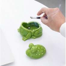 Frog Ashtray With Lid For Cigarette Ceramic Green Windproof Ash Tray For Home Office Tabletop Outside Patio Outdoor - As Pic - View 4