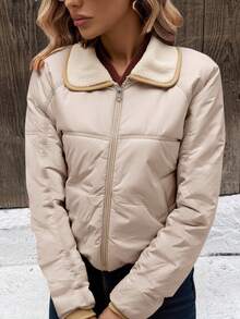 Chaqueta mujer estilo casual diseño acolchado cuello de borrega corte holgado manga larga otoño invierno uso diario chaqueta - Beis - Ver 1
