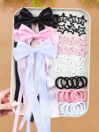 1/30/47pcs/Set Ribbon Bow & Star Hair Accessories Set, One-Click To Activate Sweet Magic - Suitable For Girls And Women, Classic Black, Pink And White Color Combination With Dreamy Ribbon Bow Hair Clips, Creating A Romantic Atmosphere; Also Includes Cute Star Hair Clips And Practical Basic Headbands. Suitable For Daily School, Work, Shopping, Dating, Party And Other Occasions. Can Be Easily Matched With Ponytails Or Elegant Buns To Create A Charming Sweet Look., Claw Clips