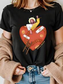 Camiseta de Mujer de Cuello Redondo Ajustada de Primavera Verano de Manga Corta Casual con Estampado de Fe Jesús Sancastra Mi Alma - Negro - Ver 5
