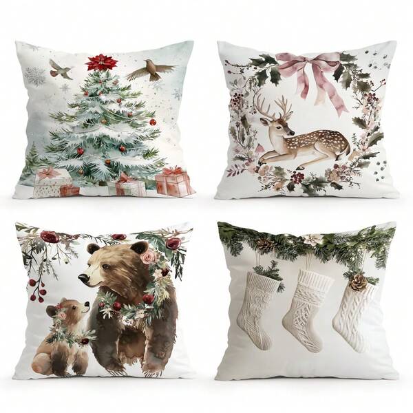 4 Stücke Aquarell Weihnachtsdekoration Set, beidseitig bedruckter Kissenbezug 45*45cm