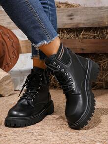 2025新款厚底圆头方跟休闲百搭女式踝靴，舒适系带，不累脚，时尚靴子 - 黑色 - 查看 5