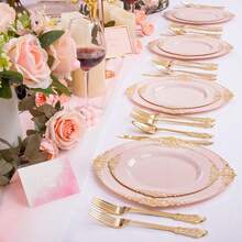 125PCS Plastic Plates - Elegant And Gold Dinnerware Set - Heavy Duty Disposable Plates With Gold Silverware Sets For 25 Guests For Wedding & Party & Bridal Shower - Pink - View 8