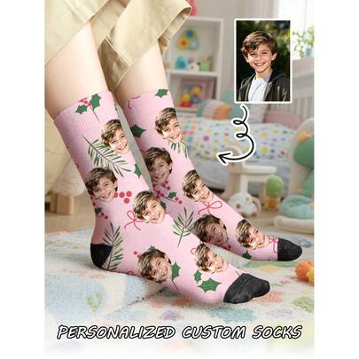 1 Pair Of Customized Face Children's Mid Tube Socks, Put Any Face On Socks,Boy And Girl, Personalized Socks For With Photos, Interesting Customized Picture Pairs With Medium To Long Socks, Suitable For Valentine's Day, Birthdays, Gift Giving
