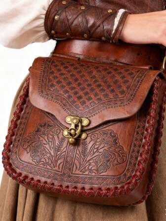 Viking Embossed Belt Bag, Vintage Medieval Faux Leather Side Pack, Middle Ages Portable Belt Pouch For LARP Ren Faire