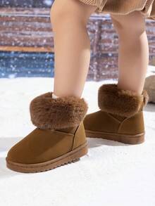 1双婴儿简约休闲踝靴，保暖舒适的羊毛儿童雪地靴 - 棕色 - 查看 3