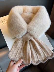 1件装女士秋冬复古荷叶边加厚仿毛皮围脖，多功能交叉针织兔毛围巾，可搭配连衣裙 - 彩色 - 查看 2