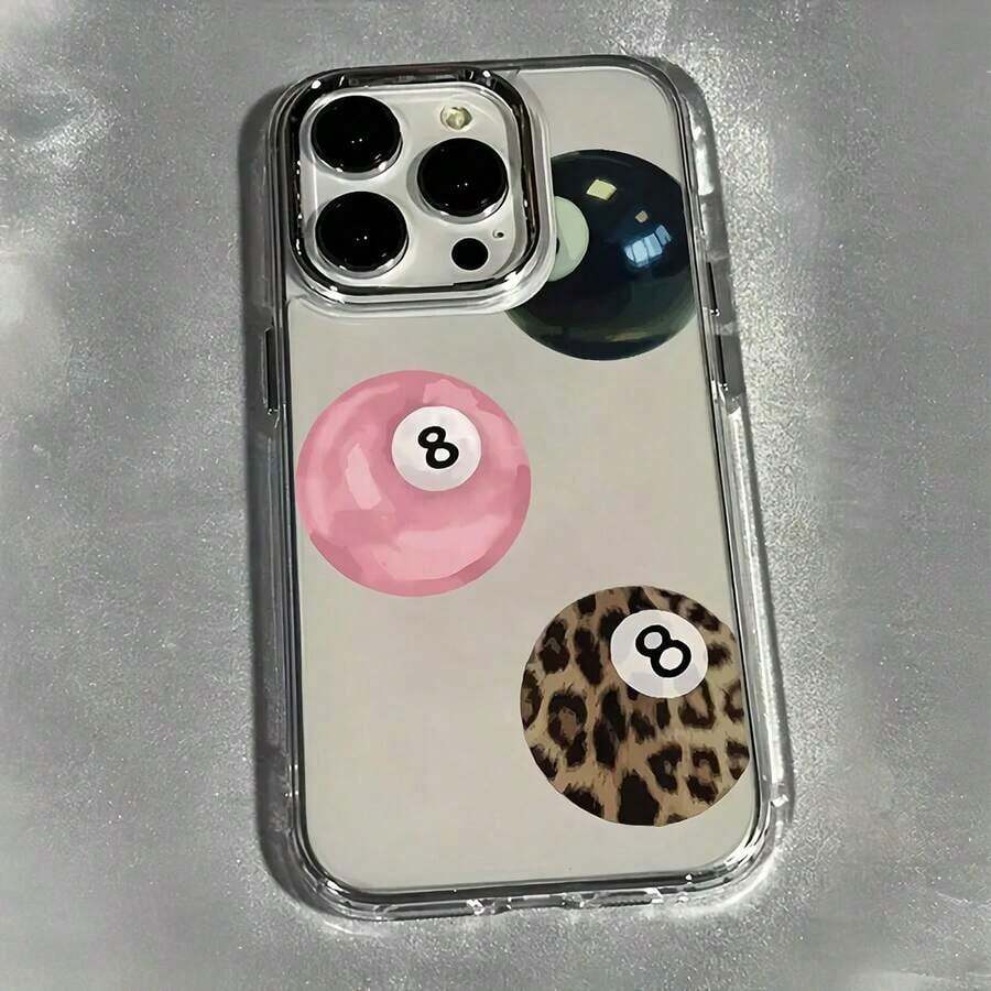 1pc Transparent Metal Button Minimalist Personalized Pink Numeric Billiard 8 Pattern Phone Case, Suitable For IPhone 16 Pro Max, 17/16/15/14 Plus, 13/12/11, Air - Multicolor 3 - View 1