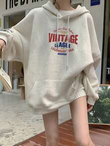 宽松字母印花保暖内衬卫衣 - 淺花灰 - 查看 1