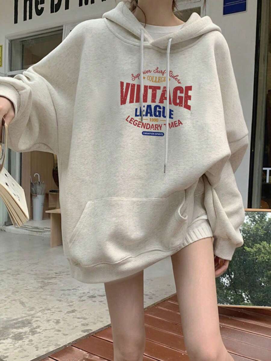 宽松字母印花保暖内衬卫衣 - 淺花灰 - 查看 1