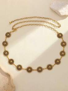 Corrente de Cintura Versátil de Mulher em Padrão Retrô de Girassol, Cinto de Vestido de Moda Feminina, Joia Corporal, Adequado para Primavera, Verão, Outono e Casamento de Inverno, Corrente de Cintura Feminina Ajustável - ouro antigo - Visão 2