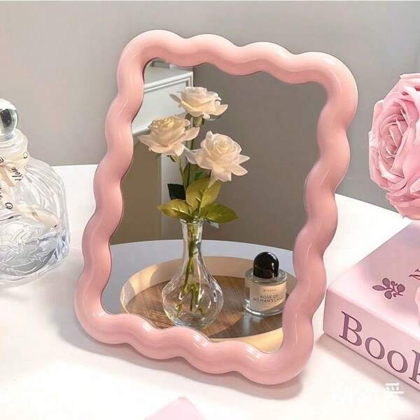 1 pièce Miroir de maquillage en verre haute définition ondulé avec support réglable - Idéal pour la coiffeuse, design ondulé, décoration pour les passionnés de beauté, à poser sur une table ou à fixer au mur