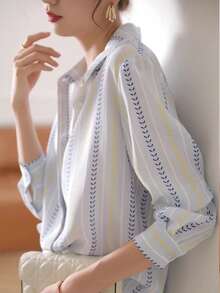 女士秋季服装，条纹前扣优雅女士衬衫，商务休闲女士上衣，初秋时尚长袖女士衬衫，万圣节服装女士 - 圖色 - 查看 7