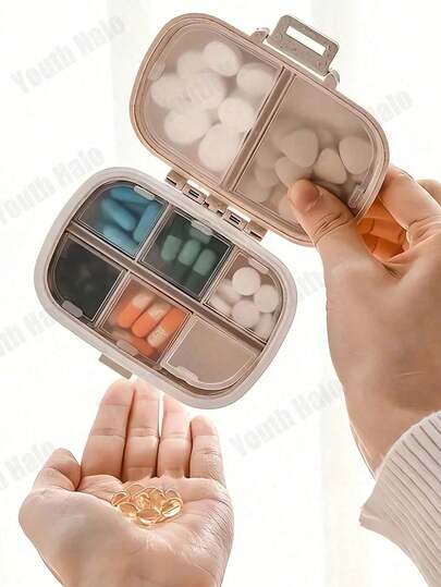 1pc 8-Slot Pill Box, Portable Sealed Pill Case, Mini Compact Pill Box, Waterproof Moisture-Proof Travel Pill Storage Box, Small Pill Box, Pocket Pill Box, Wallet Vitamin Fish Oil Divider Box, Container Pill Box, Medicine Storage Box, Suitable For Outdoor Camping, Hiking, Fishing, Moisture-Proof, Mountaineering, Travel