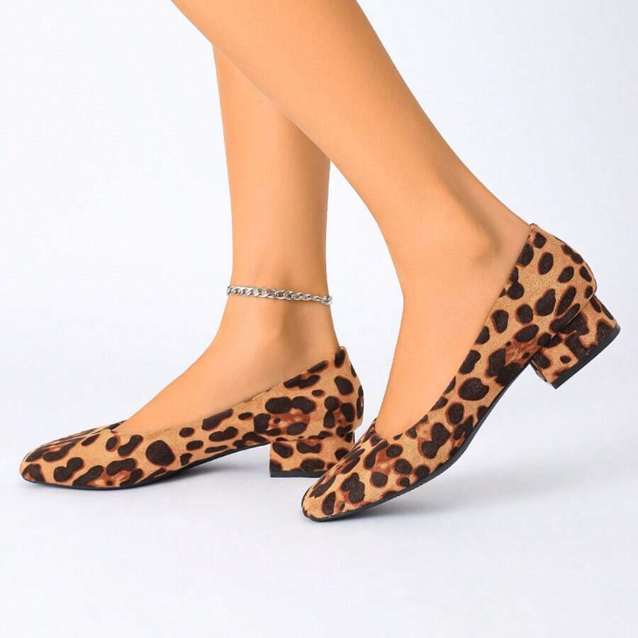 New Polka Dot Chunky Heel Shoes For Women, Square Toe Slip-On Comfortable Casual Shoes, Plus Size Low Heel Shoes - 棕色 - 查看 1