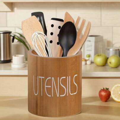 Wooden Utensil Holder For Kitchen Counter - Multipurpose Cooking Utensil Canister - Kitchen Decor And Accessory Storage - Cutlery Organizer Box, Brown, Kitchen Utensil Storage | Decorative Kitchen Supplies | Wooden Utensil Rack