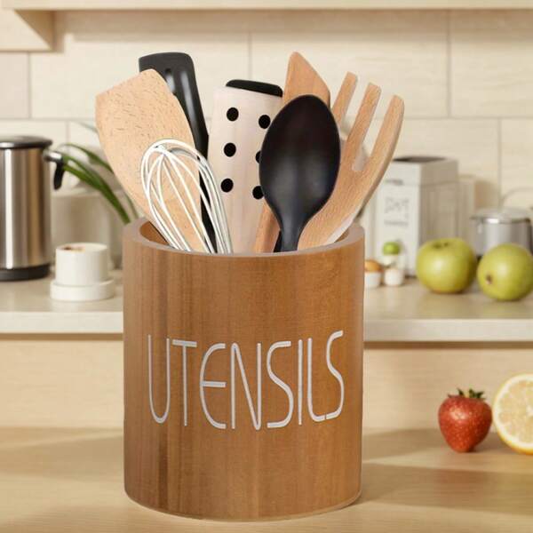 Wooden Utensil Holder For Kitchen Counter - Multipurpose Cooking Utensil Canister - Kitchen Decor And Accessory Storage - Cutlery Organizer Box, Brown, Kitchen Utensil Storage | Decorative Kitchen Supplies | Wooden Utensil Rack
