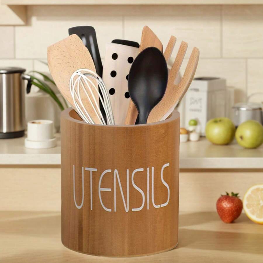 Wooden Utensil Holder For Kitchen Counter - Multipurpose Cooking Utensil Canister - Kitchen Decor And Accessory Storage - Cutlery Organizer Box, Brown, Kitchen Utensil Storage | Decorative Kitchen Supplies | Wooden Utensil Rack - Brown - View 1