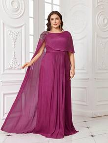 UNITHORSE 大码女式圆领单肩飘逸袖亮片贴花修身褶裥长款晚礼服、伴娘礼服、派对礼服、婚礼宾客礼服 春季 - 中紫紅色 - 查看 4