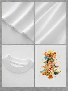 Camiseta de mujer con estampado navideño de patchwork festivo. Cómoda y elegante camiseta de manga corta con cuello redondo informal. El regalo perfecto para esta temporada. Talla extragrande. - Blanco - Ver 4