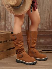 Damskie buty w dużym rozmiarze w stylu europejskim i amerykańskim, plisowane, z paskiem na klamrę, z grubym obcasem, zapinane na zamek błyskawiczny z boku