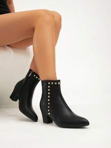 女士时尚粗跟靴，百搭拉链开合优雅尖头性感派对踝靴，秋季 - 黑色 - 查看 6