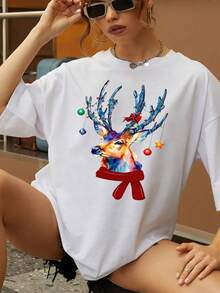 Camiseta con gráfico de reno de acuarela para mujer, linda camiseta navideña, top holgado informal con estampado animal festivo, perfecta para el invierno, camisa acogedora de manga corta, idea de regalo ideal, de gran tamaño - Blanco - Ver 6