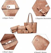 Bolso bandolera de patchwork de bloques de color, bolso de mano para mujeres, 5 piezas, diseño casual adecuado para la escuela y el trabajo. - 1-4 Rosa y Albaricoque - Ver 5