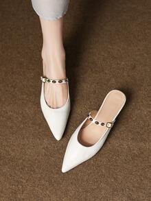 Women's Pointed Toe Slip-On Mules, Chunky Heel, Faux Leather, Metallic Accent, Retro Fashion, Suitable For Office & Outdoor, Autumn - White - View 1