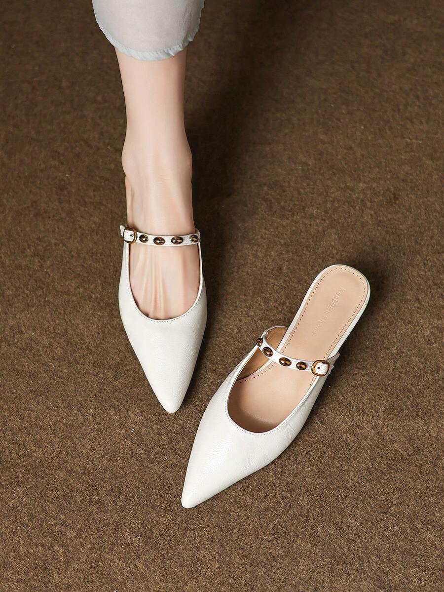 Women's Pointed Toe Slip-On Mules, Chunky Heel, Faux Leather, Metallic Accent, Retro Fashion, Suitable For Office & Outdoor, Autumn - White - View 1