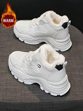 1 双女式休闲保暖厚底运动鞋，圆头系带户外冬季皮鞋