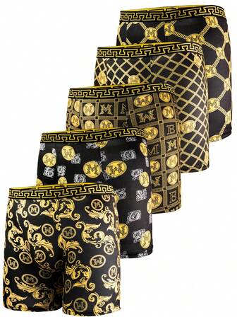 5 件男士黑金图案长款平角内裤，黑金透气舒适高弹长款平角泳裤，运动短裤，新颖男士内裤，骑行短裤