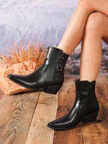 Women's Fashionable Black Mid-Calf Boots, Autumn/Winter Chunky Heel Ankle Boots, Casual/Office Metal Buckle Decor Side Zipper Square Toe Thick Heel Ankle Boots, Commuting Comfortable Ladies Ankle Boots, Western Style Buckle Side Zipper Holiday - Black - View 3