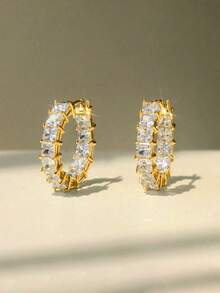 2件套奢华闪亮立方氧化锆耳环，珠宝礼盒套装，适合女性婚礼、订婚、情人节佩戴 - 金色 - 查看 7