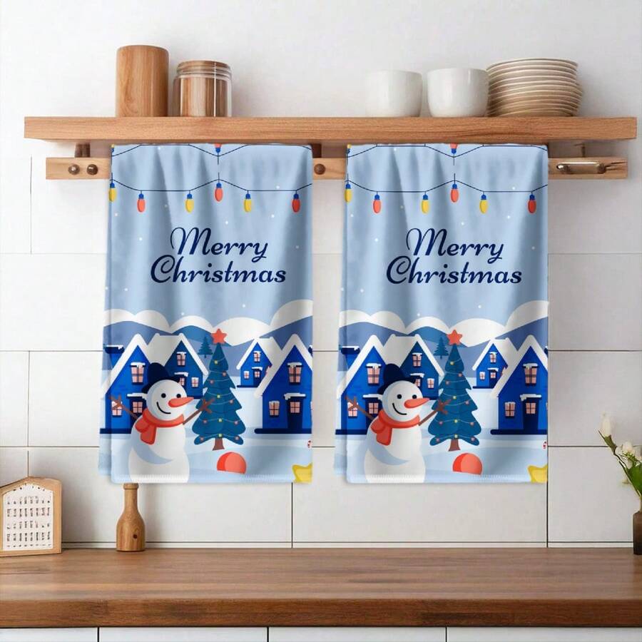 2PCS Christmas Kitchen Towels Snowman Christmas Village Scene Lights Dish Towels,, Contemporary Style, Minimalist, Suitable For, Hotel, Dining Room, Gym, Winter Decor Gift