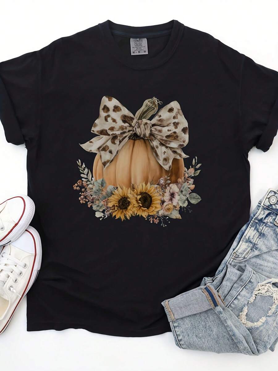 Western Fall Shirt Coquette Pumpkin Bow T Shirt Cow Print Bow Tee Cowgirl Halloween T-Shirt Western Tksgiving Crewneck - 款式27 - 查看 1