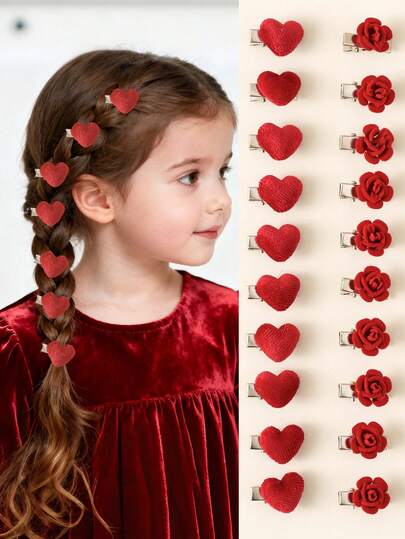10pcs/20pcs Girls Red Small Flocked Premium Rose Flower Hair Clips, Fashionable Hair Accessories, Sweet Heart Side Clips, Princess Hair Pins, Suitable For Party, Gift, And Casual Daily Use