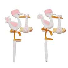Plastic Pink Stork Baby Shower Favors Appliques Floral Cupcake Picks 7" Tall - 如圖 - 查看 4