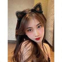 1pc Women's Headband With Cute Cat Ears, Black Lace Bow, Suitable For Birthday, Party, Festival, Performance ,Head Piece - màu đen - Xem 2