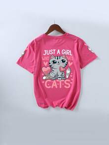 Camiseta de cuello redondo con estampado de gato y corazón de dibujos animados para niñas, top casual y suave para el verano - Rosa Fucsia - Ver 6