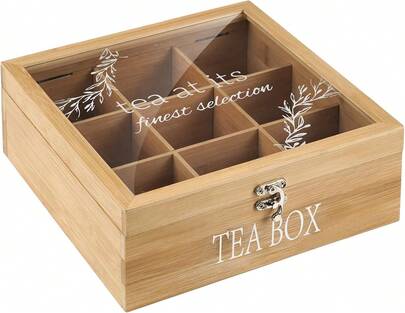 Modern Bamboo Tea Box, 9-Compartment Tea Bag Holder Organizer With Clear Cover,24316456