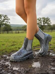 Eleganckie, gradientowe, imitujące skórę krokodyla botki Chelsea z nadrukiem w panterkę, przezroczyste, błyszczące, grube podeszwy, modne botki do kostki