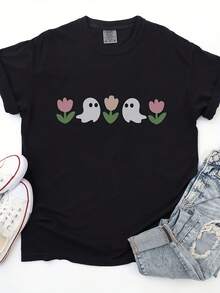 Spooky Spring Shirt Cute Ghost  T-Shirt Tulip Ghosty T Shirt Floral Halloween Tee Cute Ghost Lovers Gift Spring Flower Outfit - 款式3 - 查看 1