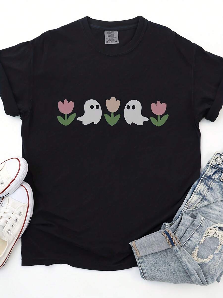 Spooky Spring Shirt Cute Ghost T-Shirt Tulip Ghosty T Shirt Floral Halloween Tee Cute Ghost Lovers Gift Spring Flower Outfit - 款式3 - 查看 1